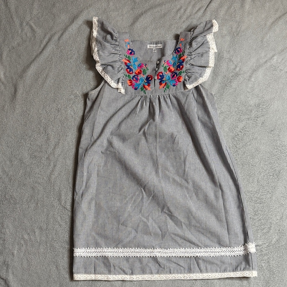 Elegant Striped Ruffle Mini Dress with Floral Accents